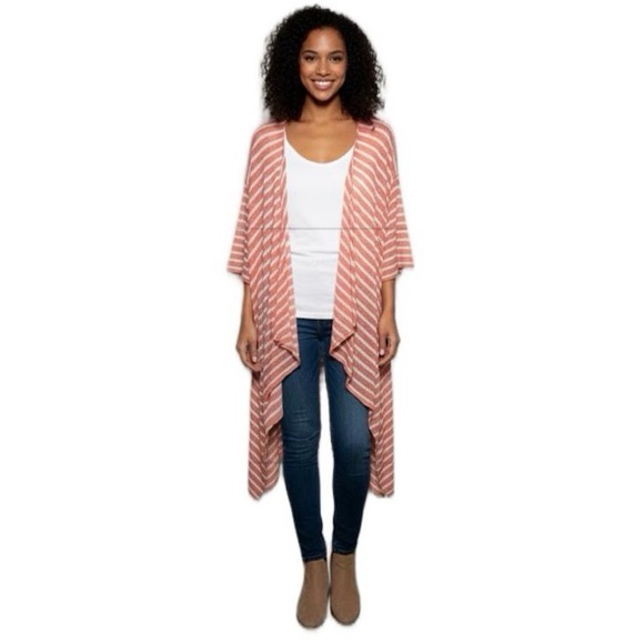 LuLaRoe Sweaters - LuLaRoe Coral White Stripe Open Knit Dolman Sleeve Long Duster Cardigan NWOT M‎